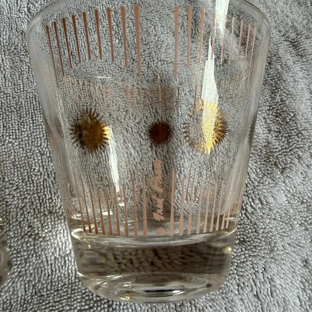 Fred Press Atomic Sunburst 1950s MCM Whiskey Cocktail Glasses Pink